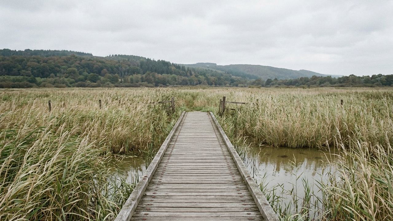 A level timber boardwalk running straight across a reed wetland toward low hills, soft even light