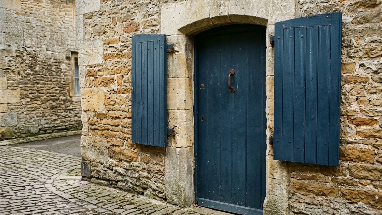 A plain stone doorway of a small office building on a narrow village street, shutters either side, even daylight