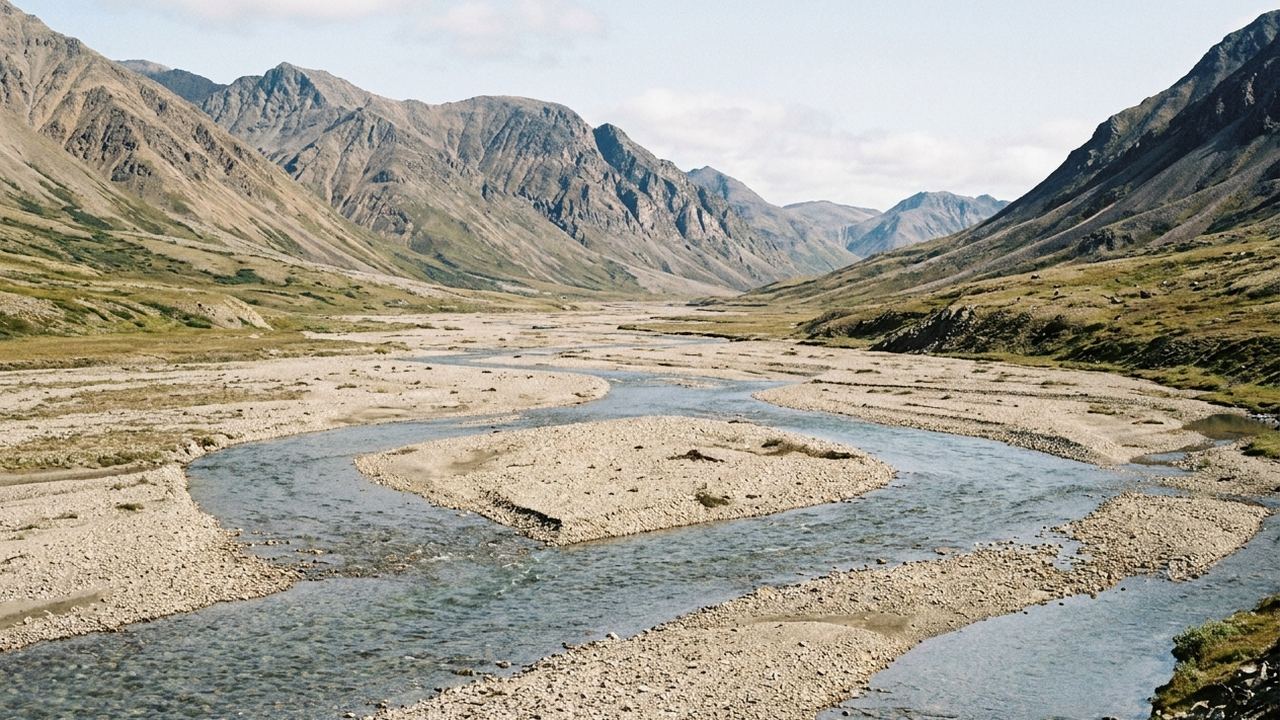A wide upland valley with a braided river running through gravel flats, mountains at both sides, clear light