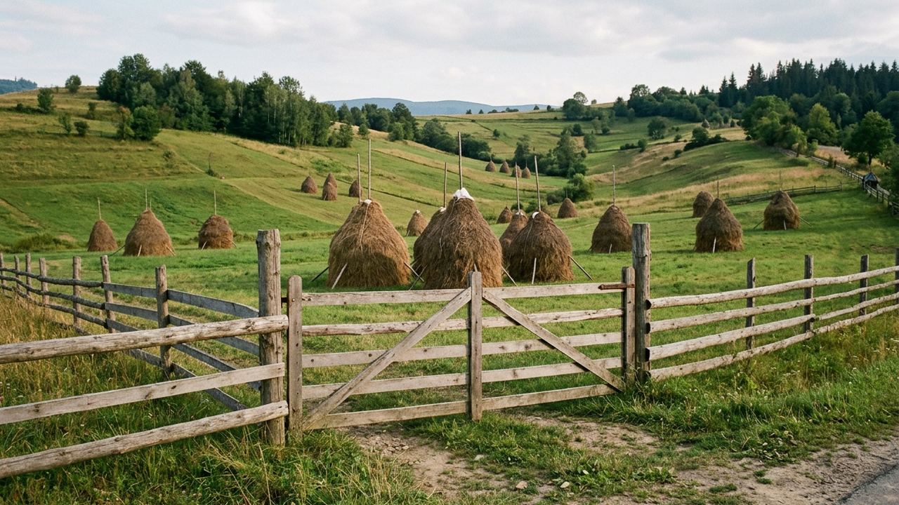 Rolling green Romanian hills with hay stacked on poles and a wooden gate at the roadside, soft afternoon light