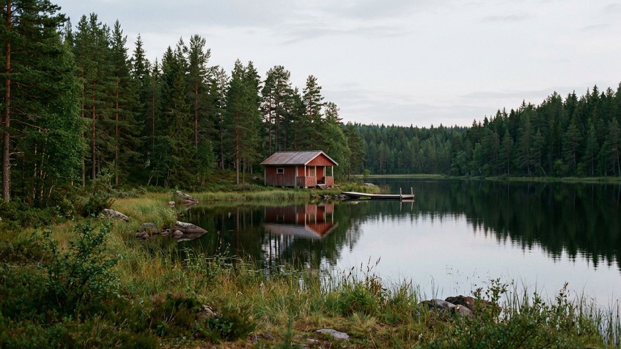 A still forest lake with a small red wooden cabin at the shore and pine on every side, soft northern evening light