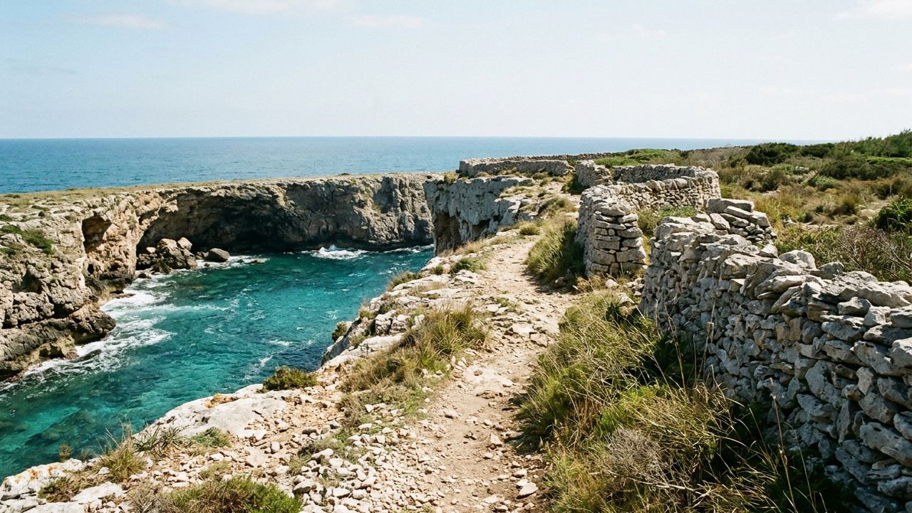 A limestone coastal path above a turquoise cove with dry stone walls running to the cliff edge, strong midday light